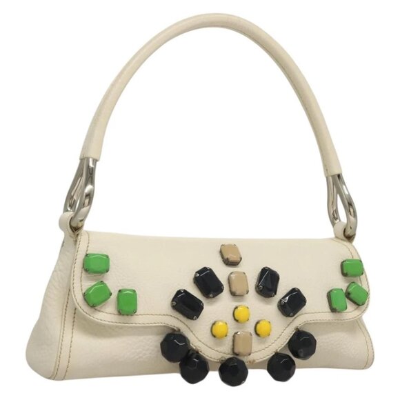 PRADA Shoulder Bag Leather White Silver Auth - Picture 1 of 15